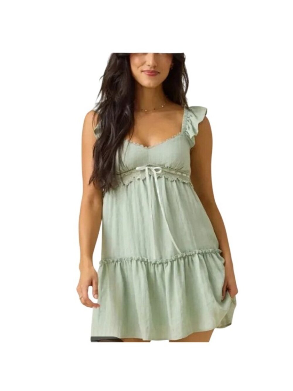 New Altar'd State Lilith Mini Dress Sage Green Size Medium Babydoll Ribbon Bow